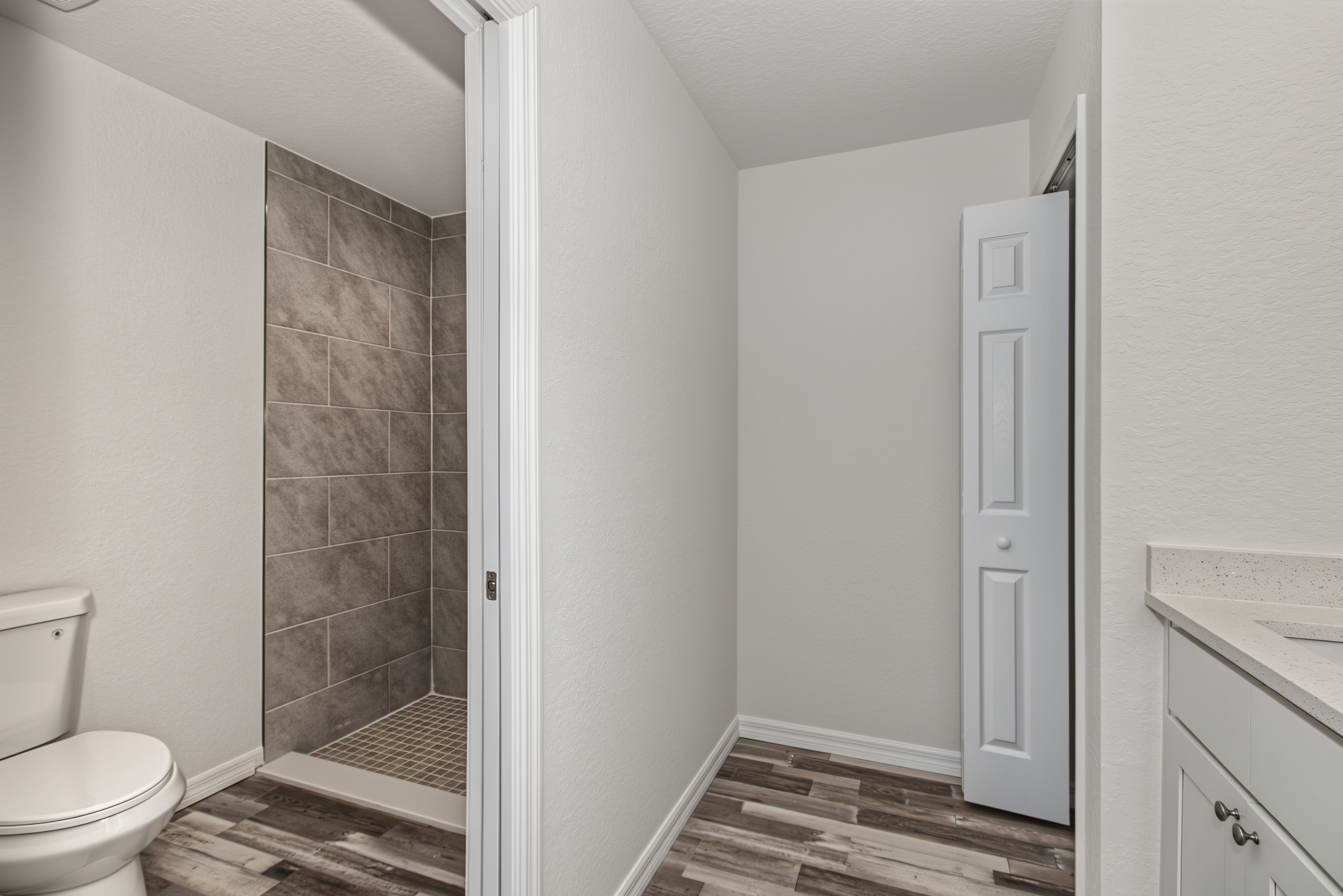 Bathroom hallway looking toward tiled walk-in shower, toilet, and vanity space