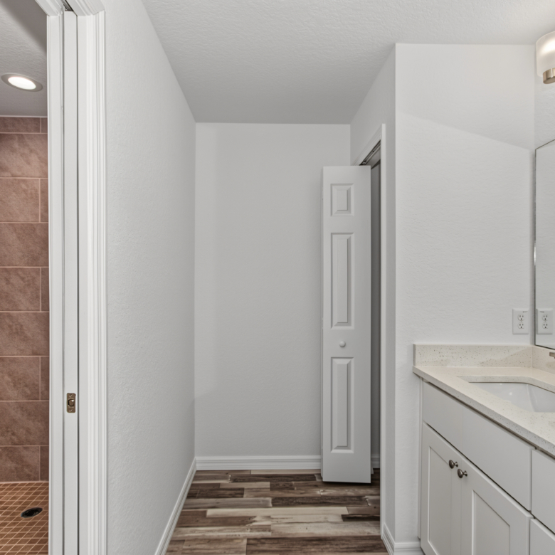 Primary bathroom vanity and mirror with adjacent view of walk-in tiled shower in Ocala, FL